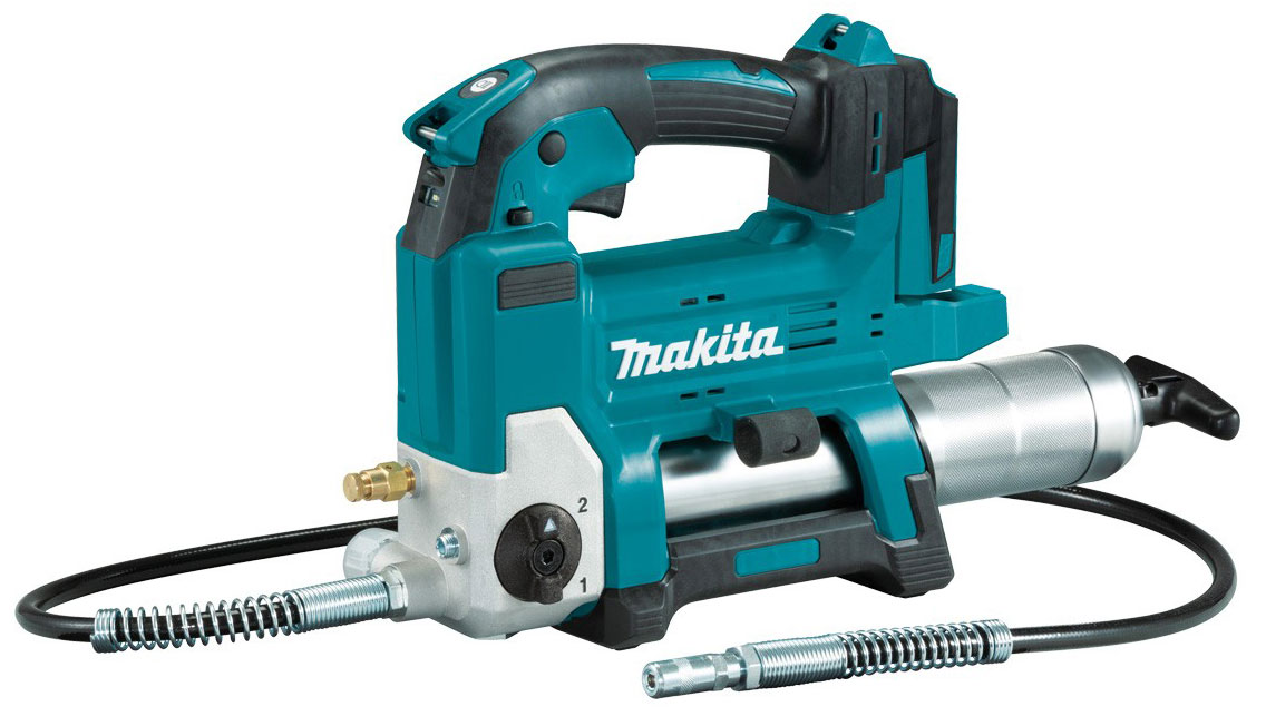 Makita DGP180ZBK 18V Grease Gun with flexible hose attached