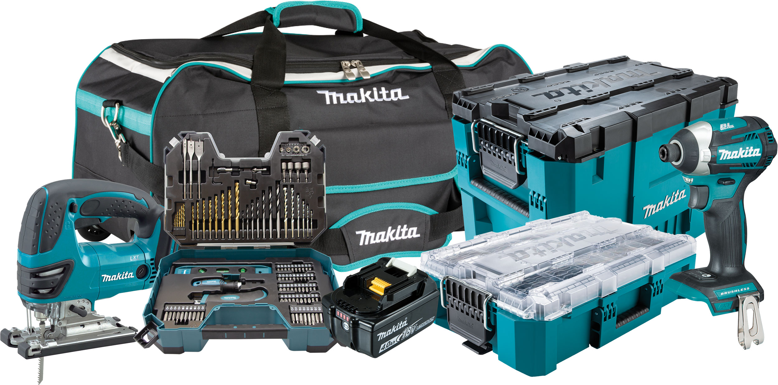 A selection of Makita gifts including a large tool bag, MAKTRAK tool boxes, an 18V jigsaw, an 18V impact driver, an 18V battery and accessory sets